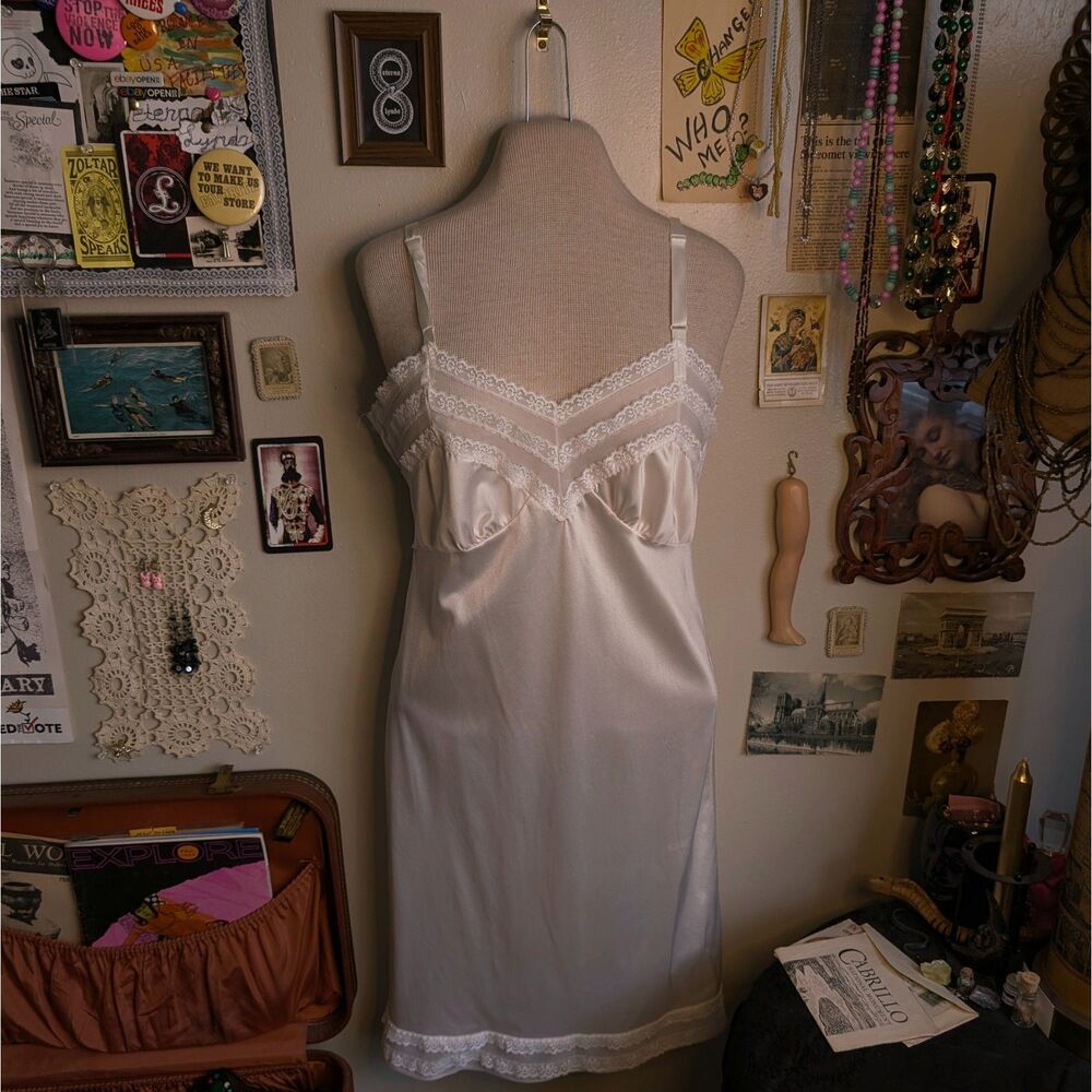 Vintage Satin Lace Slip Midi Dress Women's Medium Solid White Strappy Lingerie